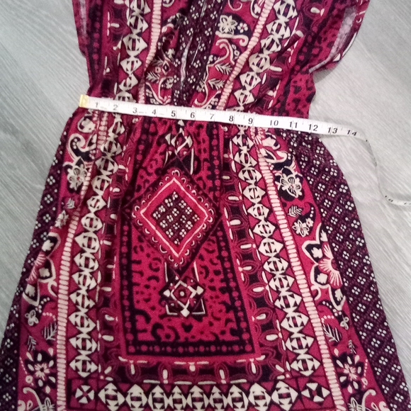 Boho Tunic Dress Plunge Neckline Red/Black Geo Pattern Dolman Sleeve - Picture 12 of 12